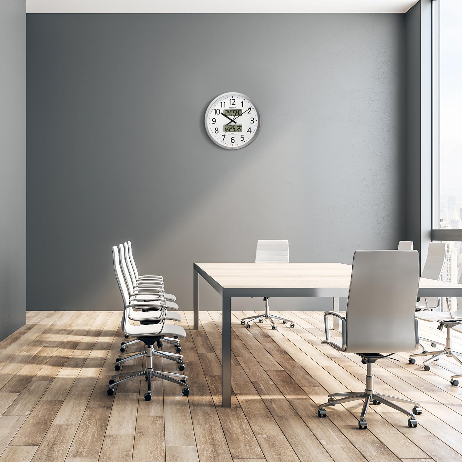 リズム(RHYTHM) 掛け時計 電波時計 オフィス 24回チャイム機能 温度 湿度 カレンダー 時報機能 シルバー Φ38×5.7cm オフィ