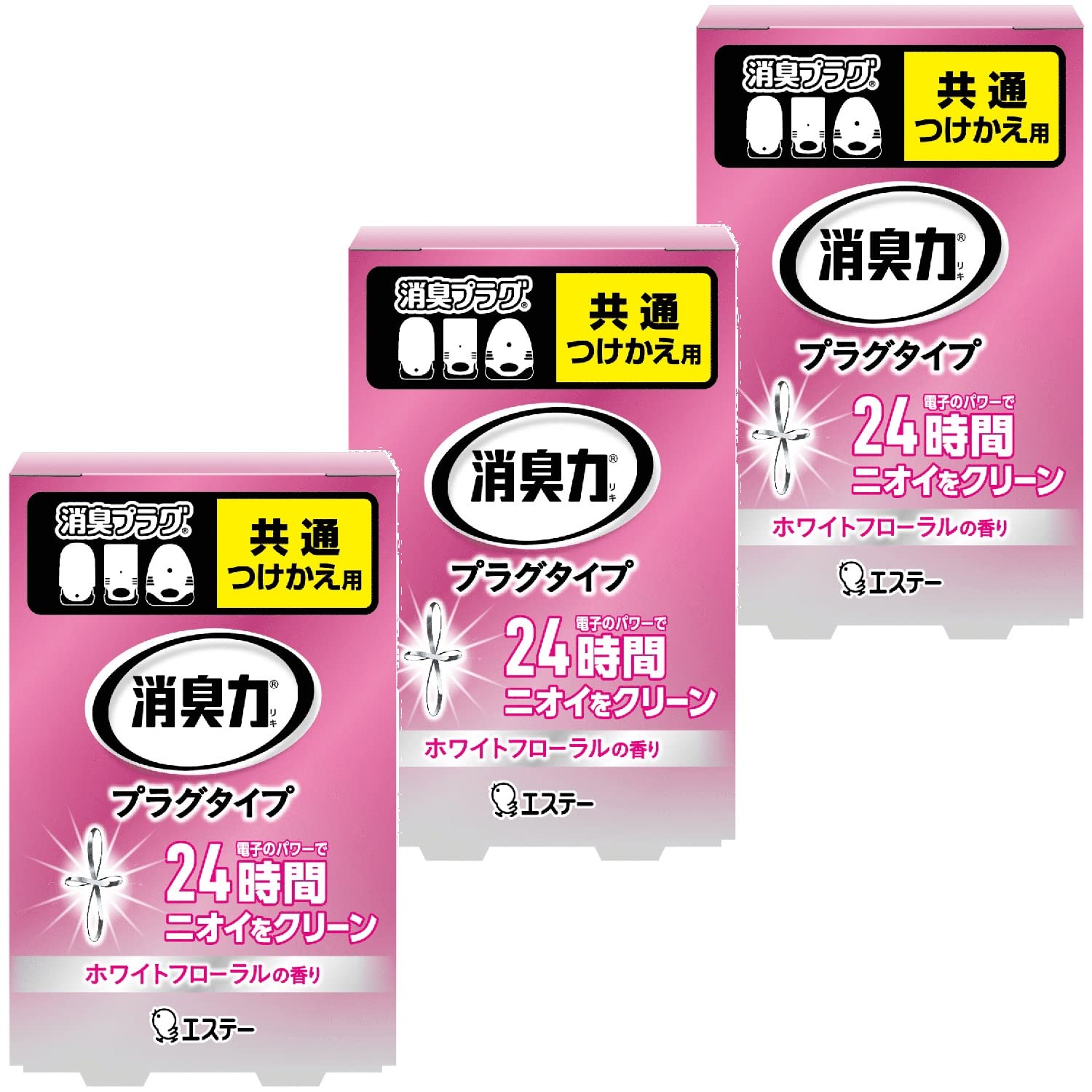 ・ピンク 3個 4904740647081・・FlavorName:ホワイトフローラルSize:3個・【電子のパワーで24時間ニオイをクリーン】LDKなどの広いお部屋(約16畳まで)を部屋一面24時間しっかり消臭します。・【効果が長持ち】連続使用で約60日間効果が持続します(使用環境や季節によって異なります)。・【用途】消臭 芳香剤 室内( 玄関 リビング ) トイレ用・【香り】ホワイト フローラル・白い花々をイメージした透明感のあるホワイトフローラルの香り。お部屋にブーケを飾るようなやわらかな香りが広がります。説明 商品紹介 ●コンセント式だから、電子パワーでLDKなどの広いお部屋(約16畳)や、玄関、廊下などの連続した空間も一面に消臭し、香りが広がります。 ●使い始めから終わりまで一定の消臭効果と香りが持続します。 ●1日24時間の使用で約60日間効果が持続します。(使用状況により異なります。) ●温度を一定に保つ安全ヒーターと過電流を防ぐ安全ヒューズ採用の2つの安心設計です。 ●つけかえ式なので、経済的です。 原材料・成分 植物精油、香料