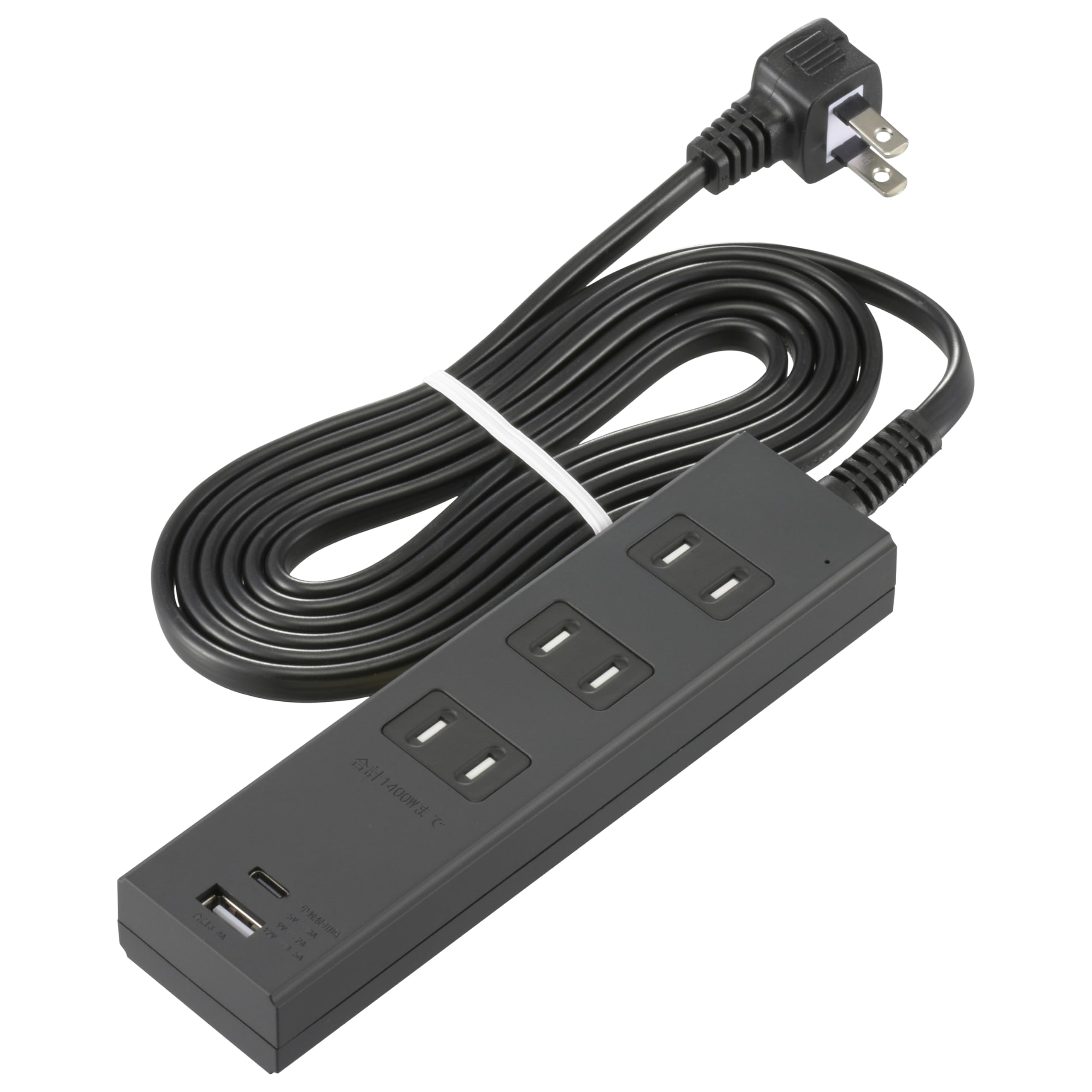 樂天商城 - オーム電機 電源タップ 3個口 雷ガード PD対応Type-C/Type-Aポート付き 2m ブラック HS-TKU32PD23-K 00-10