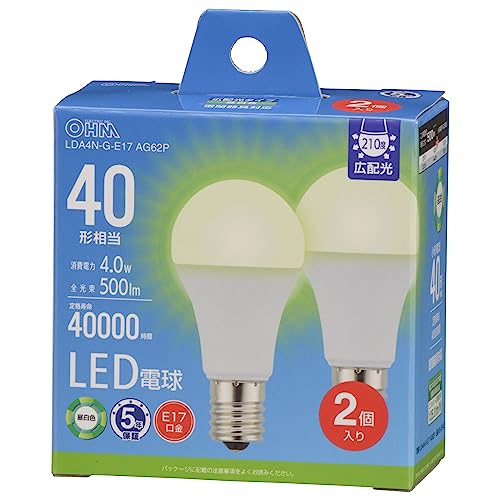 オーム電機 LED電球小形 E17 40形相当/40W相当 昼白色 密閉器具対応 断熱材施工器具対応 ミニクリプトン形 5年保証 2個入 LDA