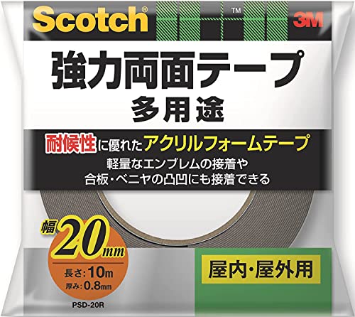 新モデル・グレー 幅20ミリ PSD-20R・・Size:幅20ミリ・3M スコッチ 強力両面テープ 幅20mm長さ10m PSD-20R グレー・合板・ベニア板の凸凹面の接着に! 耐候性に優れたアクリルフォームテープです。・使用温度範囲:-20~90℃・基材:アクリルハイソフトフォーム 粘着剤:アクリル系・サイズ(厚みx幅x長さ):0.8mmx20mmx10m説明 合板・ベニア板の凸凹面の接着に! 耐候性に優れたアクリルフォームテープです。 ※軟質塩化ビニール、ポリエチレン、ポリプロピレン、シリコーン、フッ素樹脂加工表面には使用できません。