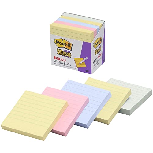 ポストイット 付箋 強粘着 罫線 ノート 正方形 パステルカラー 75×75mm 90枚×5冊 630-5SSAP