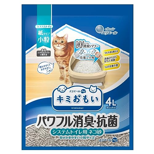 白/-/ネコ砂小粒4リットル・W消臭パワーでニオイを吸着＆分解！・本体サイズ (幅X奥行X高さ) :240X55X330mm・本体重量:2500g・原産国:日本・原材料:再生パルプ、ゼオライト、接着剤、銅系消臭抗菌剤※この製品の原料は環境に配慮して、一部に再生パルプを使用しています。色のついている素材や透明な素材が混在する場合がありますが、品質には問題ありません。商品紹介 W消臭パワーでニオイを吸着＆分解！●ゼオライトと銅イオンのW消臭パワーでニオイを吸着&分解。●抗菌効果が続いて1ヶ月交換不要。●砂の表面に残ったおしっこも素早く吸収、表面さらさら、足もと清潔。 使用方法 トレーにシート等を敷いたシステムトイレ本体のスノコ部分に本品を2~3cmの厚さに敷いてください。うんちや汚れた砂はスコップやティッシュ等で取り除いてください。砂が減った分と同量の本品を補充してください。●1日に1回はうんちを取り除いてください。（愛猫1匹の場合）●常にトイレを清潔に保つために、1ヵ月に1回を目安にシステムトイレ本体内の砂をすべて取り除き、トイレ本体を洗浄してください。その後、トイレをよく乾かしてから新しい本品を入れてください。交換時期は飼育頭数やトイレの設置場所などの飼育環境により異なります。●砂が全体的に汚れてきたり、トレーに敷いたシートを交換してもニオイが気になる場合は、すべて新しい本品に交換してください。