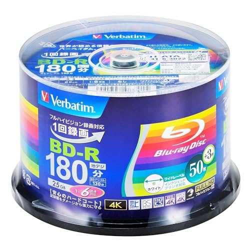 Verbatim バーベイタム 1回録画用 ブルーレイディスク BD-R 25GB 50枚+3枚増量パック インクジェットプリンタ対応 ホワイト