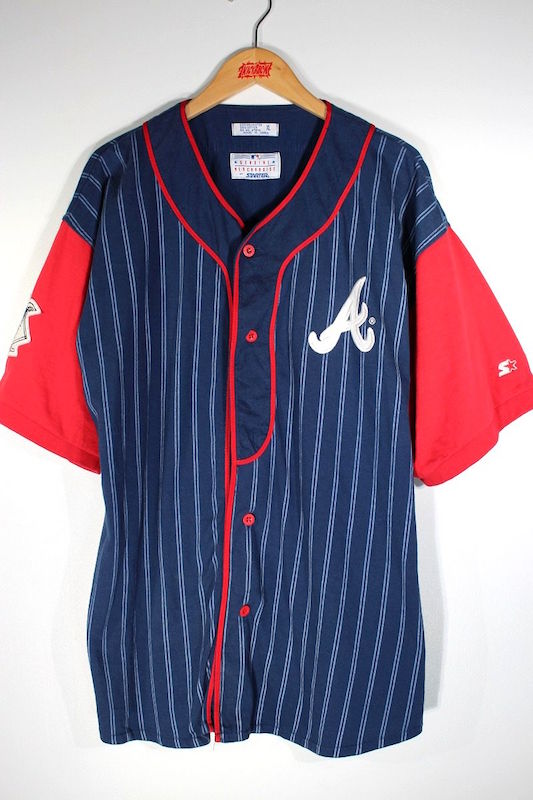 USED!!! STARTER (スターター) / "ATLANTA BRAVES" COTTON BASEBALL SHIRTS (90'S) / navy×red