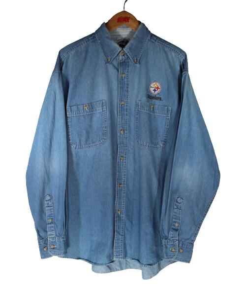 USED!!! WINNING IMAGE / "PITTSBURGH STEELERS" BUTTON DOWN DENIM SHIRTS (90'S)