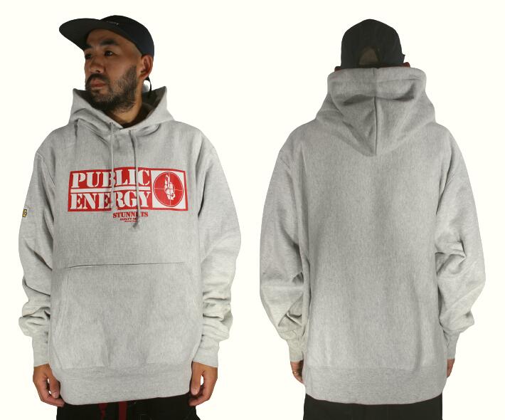 STUNNUTS / "PUBLIC ENERGY" CHAMPION REVERSE WEAVE SWEAT HOODIE / silver grey