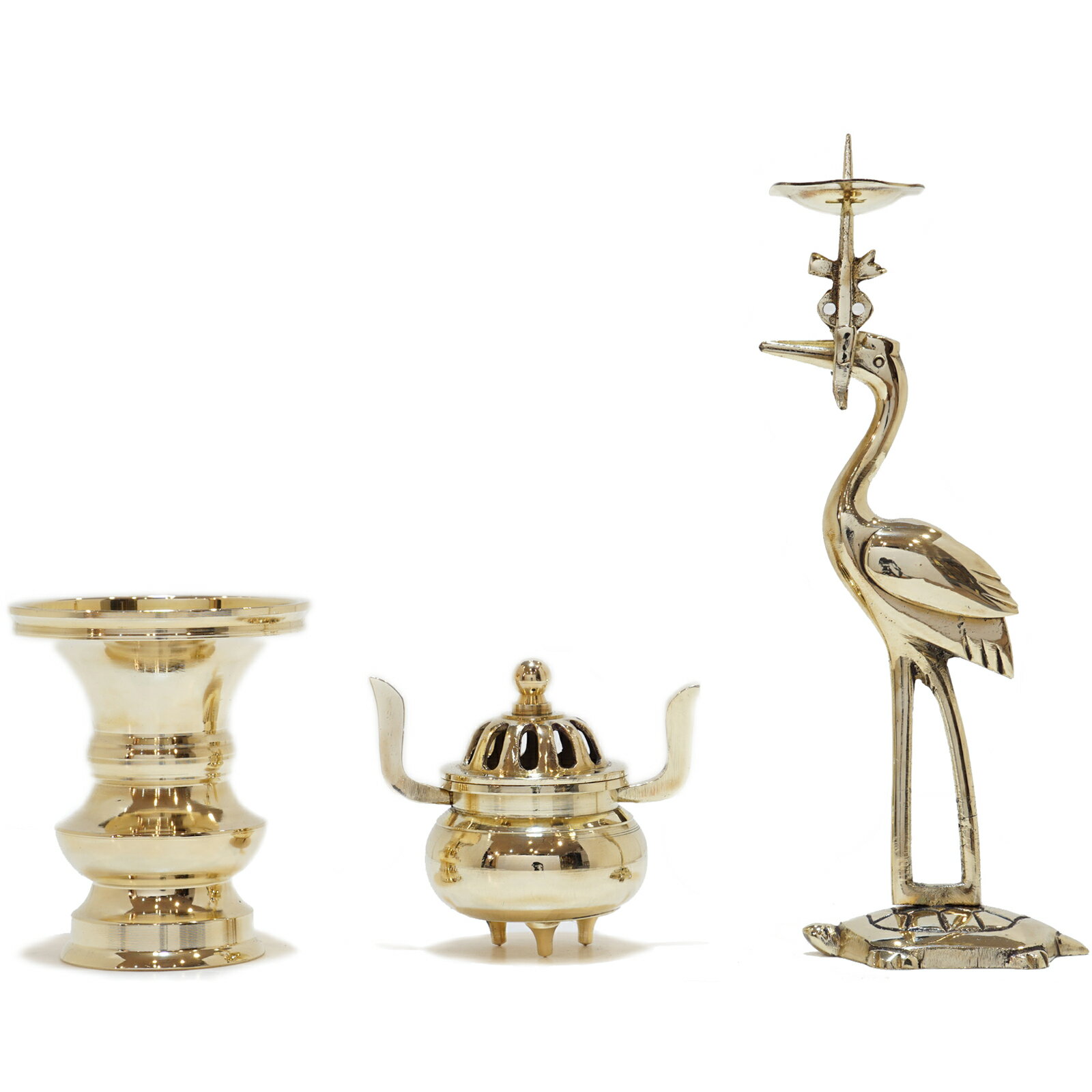 仏具 三具足 仏具セット 浄土真宗 大谷派 お東 丸鶴 2.5寸 火立て 花立 ローソク 3点セット ミニ モダン仏壇にも 日本製 国産 真鍮製 本格 伝統型
