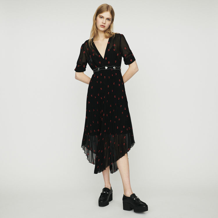 Maje }[W PLEATED DRESS WITH HEART EMBROIDERY s[X 艿$415