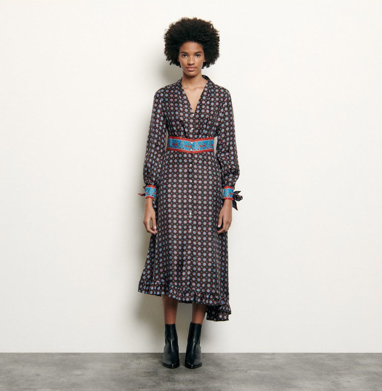 sandro Th Printed long silk dress s[X 艿$595