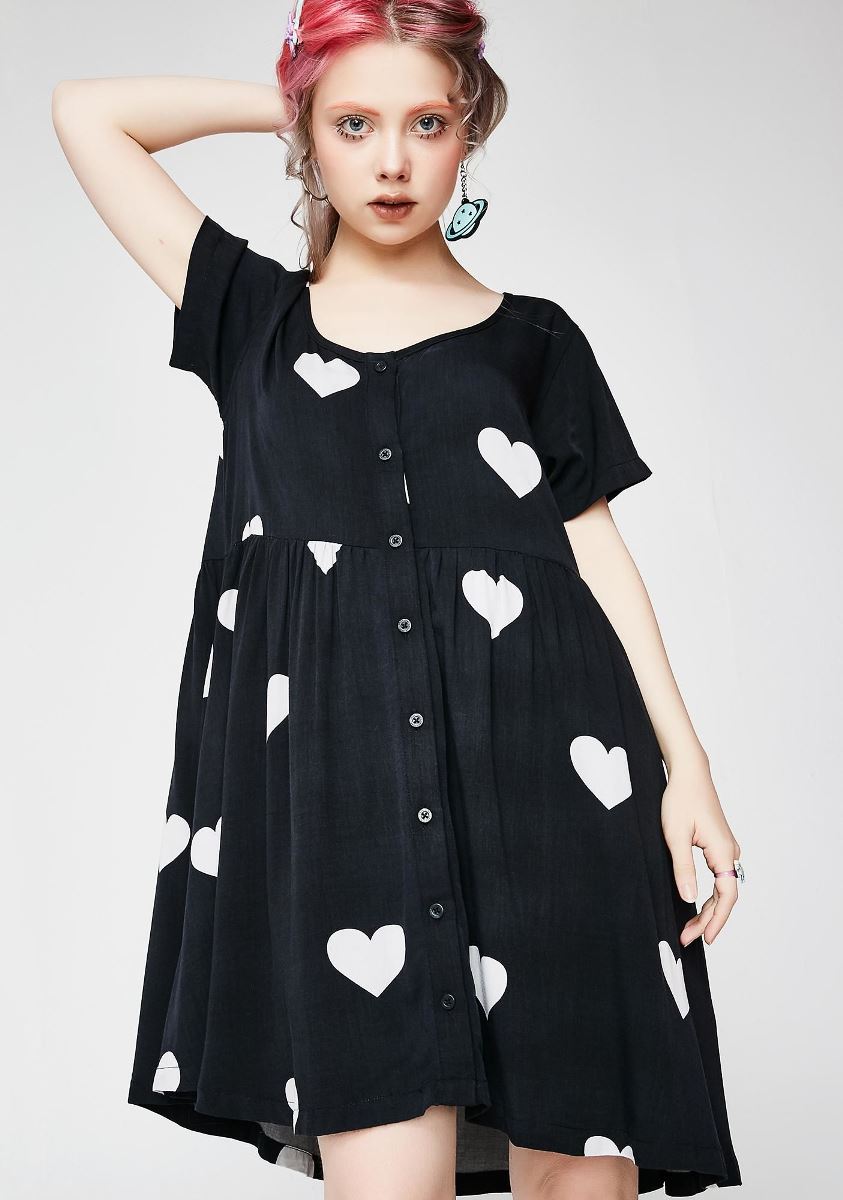 LAZY OAF CW[I[t MONO HEART DRESS - BLACK/WHITE s[X