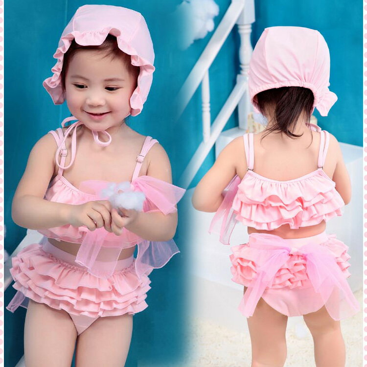 子供 水着 女の子 ビキニ キッズ水着 80/90/100/110/120子どもベビー水着 こども水着 帽付 女児水着 キッズみずぎ スイムウエア 3点セット ピンク/のサムネイル