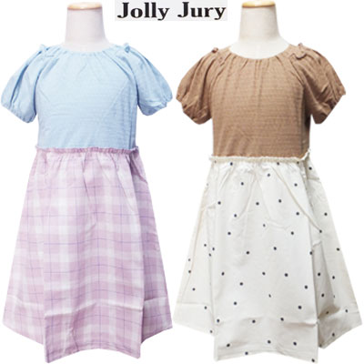 　丸高衣料（株）　Jolly　Jury　女の子　ジャガードTシャツ×ドット＆チェックスカート　ドッキングワンピース　　ブラウン、サックス　120cm、130cm　子供、子供服、キッズ