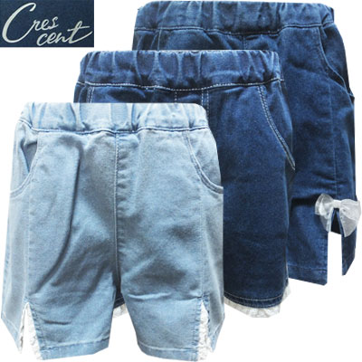 【ネコポスOK】　丸高衣料（株）　Crescent　女の子　裾レース＆リボン　デニムショートパンツ　　ネイ..