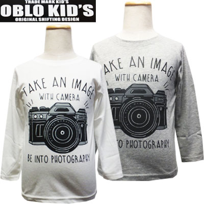 【ネコポスOK】　OBLO　KID’S　男の子　カメラプリント　長袖Tシャツ　　杢グレー、オフホワイト　110cm、120cm、130cm　子供、子供服、キッズ　【RCP】