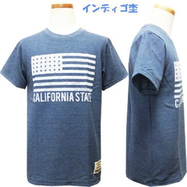 【ネコポスOK】 Volcanic 男児 インディゴ風鹿の子 星条旗風プリント 半袖Tシャツ ライトブルー杢、インディゴ杢 140cm、150cm、160cm 子供、子供服、キッズ、男の子 【RCP】
