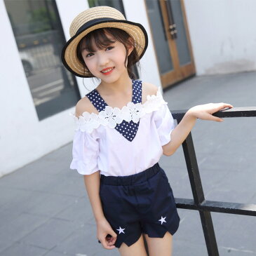 【予約品】女の子 ホワイト ネイビー 花 オフショルダー 半袖 総ゴム 短パン セットアップ 2点セット 上下セット 無地 Tシャツ トップス ボトムス パンツ キッズ ジュニア 子供服 90cm 100cm 110cm 120cm 130cm 140cm 150cm 160cm 韓国子供服 送料無料