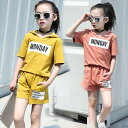 送料無料 上下セット 子供服 キッズ 女の子 半袖 ショートパンツ 半ズボン 運動服 トレーナー カジュアルセット 夏 フード付き ピンク グリーン イエロー ...