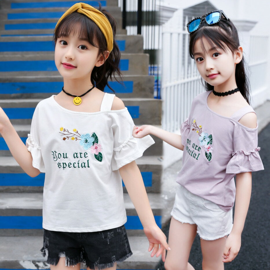 Tシャツ オフショルダー ワンショルダー 子供服 フリル袖 女の子 半袖 トップス 夏 キッズ服 ホワイト 紫 ピンク 可愛い 120cm 130cm 140cm 150cm 160cm