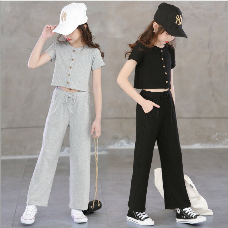 上下セット パンツセットアップ ストレッチパンツ 子供服 半袖 Tシャツとパンツ 親子服 キッズ 長ズボン 女の子 韓国子供服 夏 グレー ブラック 黒色 120cm 130cm 140cm 150cm 160cm 165cm