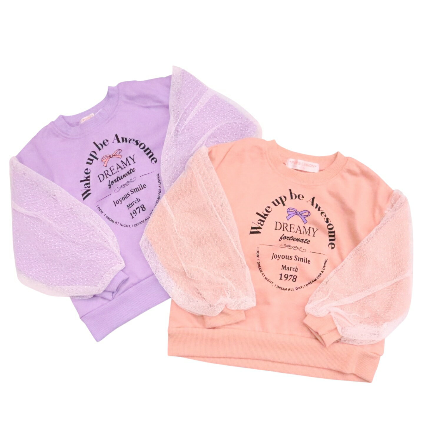 長袖 トレーナー 110cm 120cm 130cm 袖チュール BIGシルエット チュール 裏毛 キッズ 子供服 女の子 可愛い ふわふわ 秋 冬 トップス シンプル プリント ドット(4)