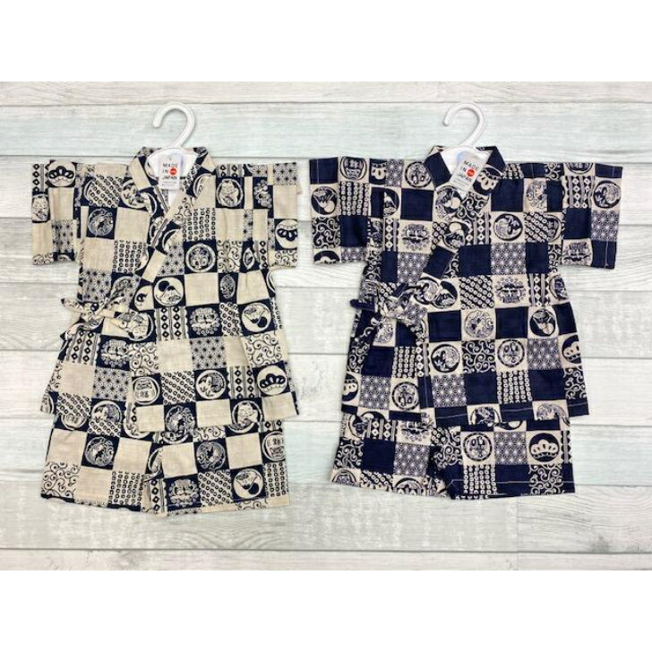 日本製 甚平 80cm 90cm 95cm 綿100% じんべい 格子柄 招き猫 鯛 獅子舞 和柄 千鳥掛け ウエストゴム 上下組セット 夕涼み 花火 夏 海 子供服 ベビー 男の子のサムネイル