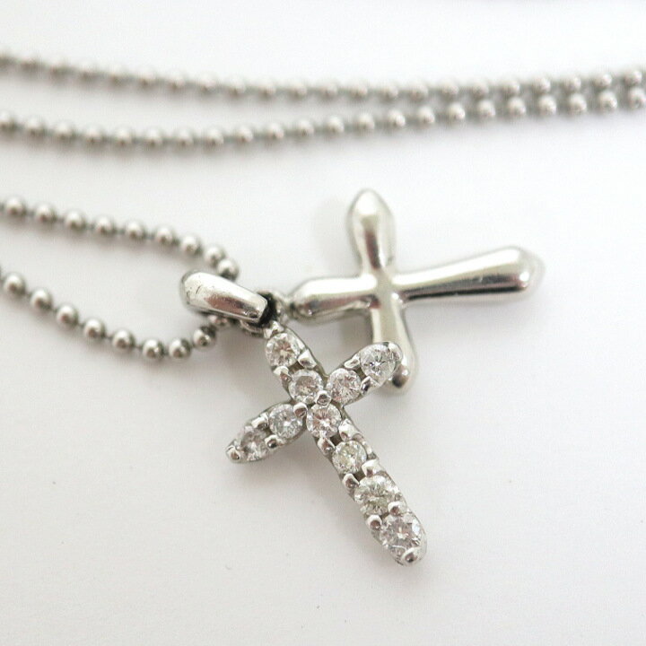 【Jewelry】Pt900トップ・Pt850チェーン ペンダント・ネックレス 2重トップ ダイヤクロス 十字架 D:0.20ct 40.5cm 5.9g【中古...