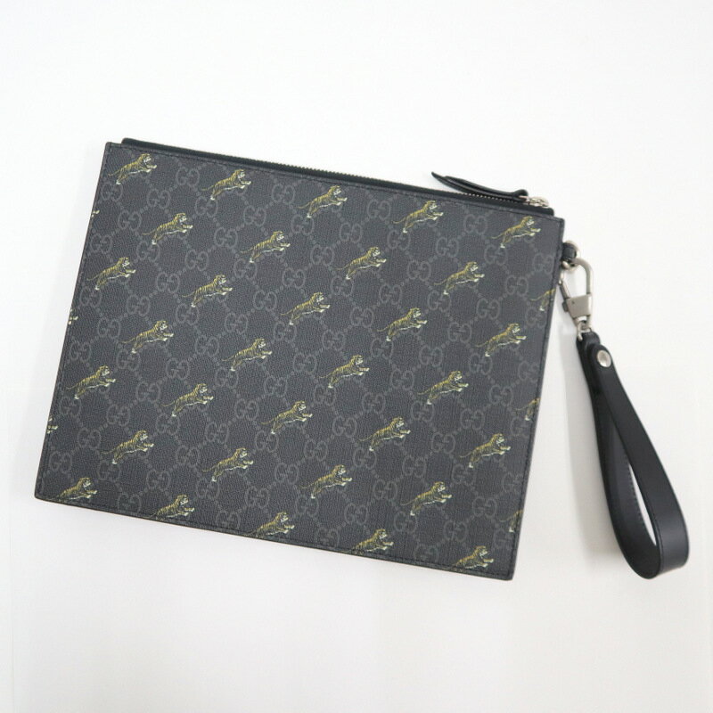 【GUCCI】グッチ クラッチバッグ タイガー×GGスプリーム ブラック PVC×レザー 575136【中古】【代金引換不可】/br6333kt