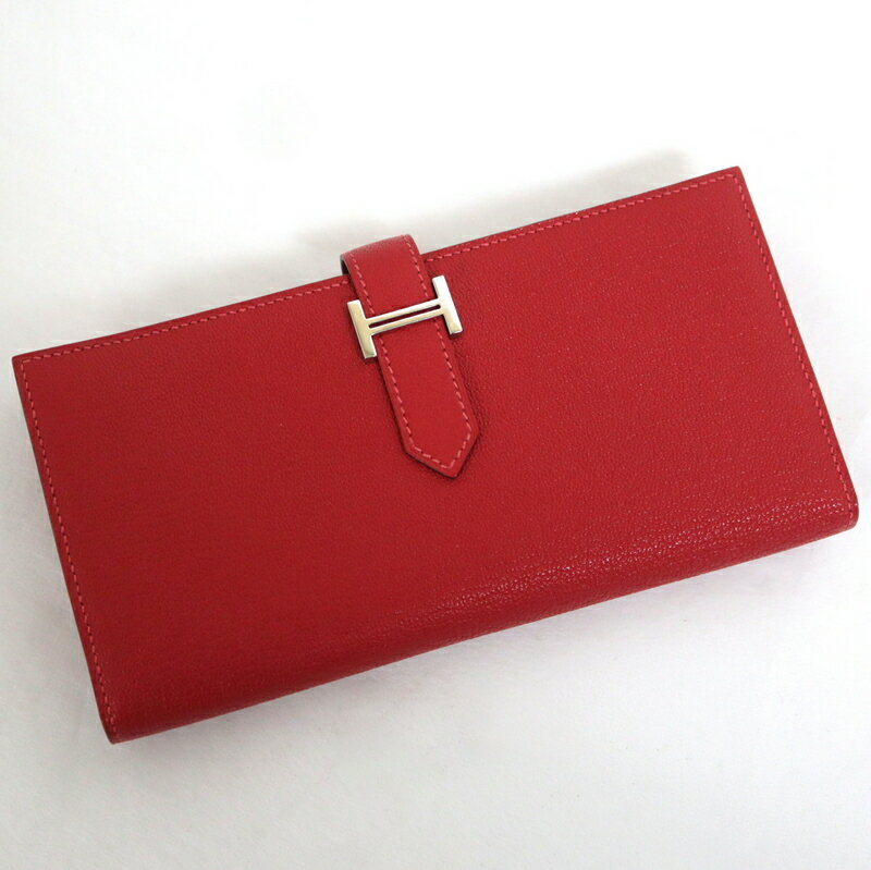 【HERMES】エルメス ベアンスフレ ルージュカザック シェーブル □Q刻印 2つ折り長財布【中古】【代金引..