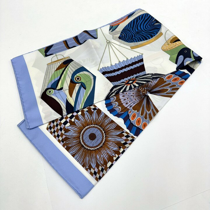 【HERMES】エルメス カレ90 スカーフ ランタン・風船・帽章 ブルーシエル×ホワイト×マルチカラー シル..