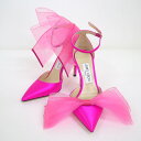 【JIMMY CHOO】ジミーチュウ AVERLY100リボンパンプス フューシャピンク サテン #37.5【中古】【代金引換不可】/br4385ik(4)