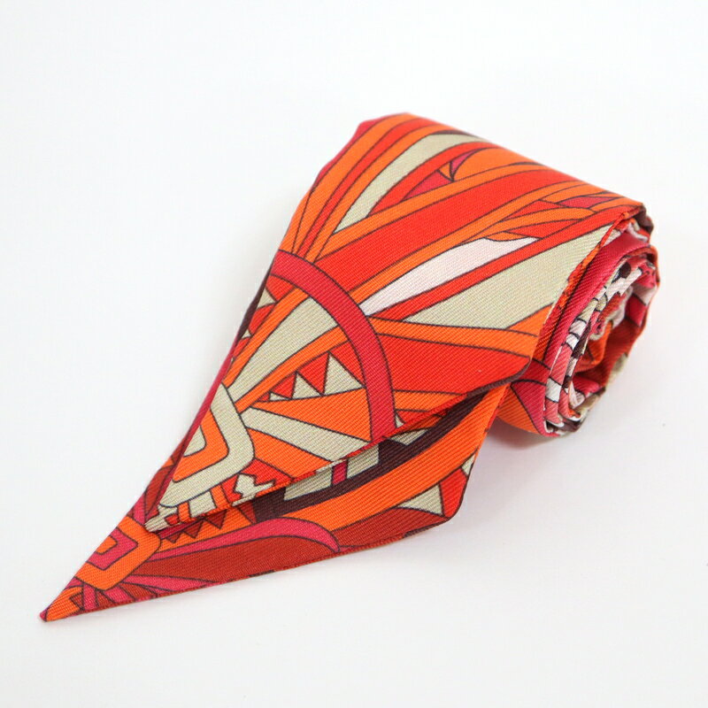 【HERMES】エルメス ツイリー Les Flots do Cheval 馬への表彰 シルク オレンジ×マルチカラー【中古】【代金引換不可】/ok5690kw