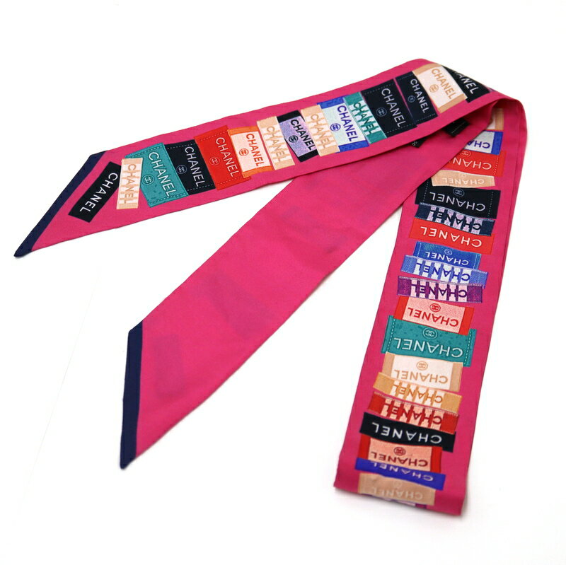 【CHANEL】シャネル リボンスカーフ ロゴタグ柄 ピンク×マルチカラー シルク100％【中古】【代金引換不..