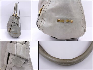 【MIUMIU】サイドリボン付き レザートートバッグ/グレイッシュグリーン/グレー/グリーン/ミュウミュウ【中古】/ar0023/※代引き不可※