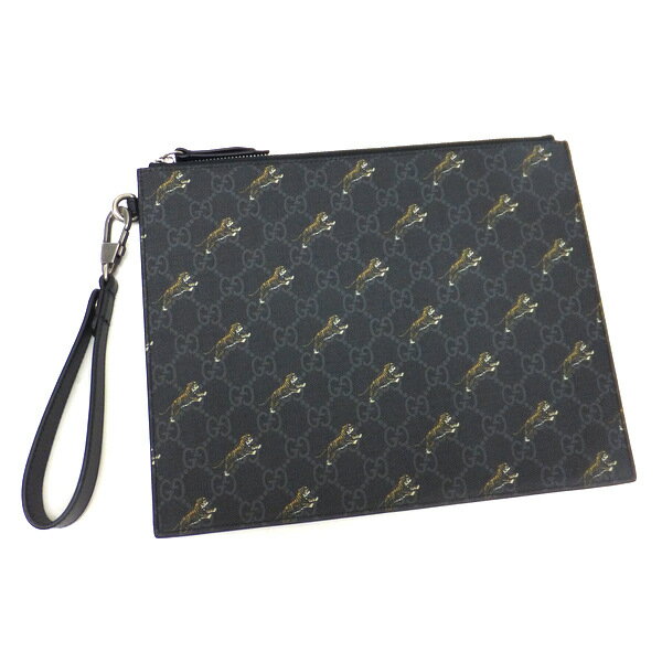 【★ GUCCI★】グッチ　『クラッチバッグ』　《GGスプリーム》575136/タイガー×GG/ブラック/PVCキャンバス×レザー/ポーチ/かばん/書類ケース/虎/メンズ　39045k1205　＠【中古】