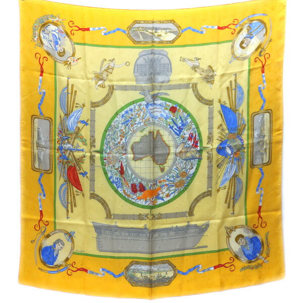【★HERMES★】エルメス　『カレ90』 《LE GEOGRAPHE/地理学者》　イエロー×マルチカラー/90×90cm/シルク..