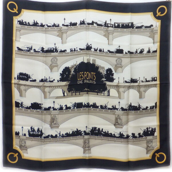 【★HERMES★】エルメス　『カレ 90』　《LES PONTS DE PARIS/パリの橋》　ブラック×アイボリー/シルク10..