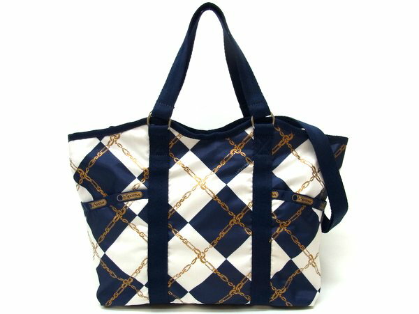 【★未使用★】 《送料込》　LeSportsac　レスポートサック　『2WAYハンドバッグ』　《ネイビー×ホワイト》　《SMALL CARRYALL/ロングウィークエンド》　ハーリキンチェック/菱形模様/チェーン柄/トートバッグ/ショルダーバッグ/ハンドバッグ　21059K0188　＠【中古】のサムネイル