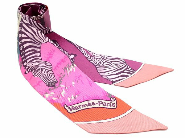 【★クリーニング済み★】《送料込》　HERMES　エルメス　『トゥイリー　/TWILLY』　《ゼブラ/Les Zebres》　パープル/モーヴ×パウダーピンク×ヴァイオレット/ツイリー/スカーフ/リボン/シルク100%/アニマル　235441K1127　＠【中古】のサムネイル
