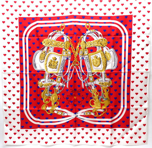 【★プレゼントに★】 HERMES　『カレ90』　《Brides de Gala Love/ブリッド・ドゥ・ガラ・ラヴ/ラブ》　ルージュヴィフ/マリン/ホワイト/ハート/ガヴロッシュ/シルク/スカーフ/ブリッドドゥガララブ/エルメス/レッド/ブルー/2019SS　《送料込》28898K0290　＠【中古】のサムネイル