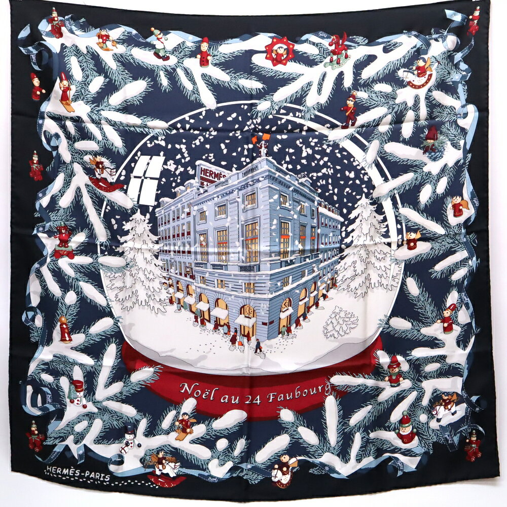 【★新品同様★】HERMES/エルメス『カレ90《NOEL AU 24 FAUBOURG/フォーブル24番地のクリスマス》』ブラック×ホワイト×レッド/スカーフ/カレ/シルク100%/90×90【★セレブ愛用★】　32379K028.2＠【中古】