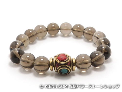 乐天商城 - エスニックブレスレット・アジアンパワーストーン チベットハンドメードビーズ6面丸玉カット12ミリ スモーキークォーツAAAA10ミリ チベット合金真鍮8ミリ 金運・魔除・厄除 [サイズ選べる][日本製][送料無料] (11396)