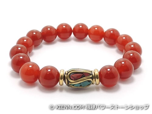 乐天商城 - エスニックブレスレット・アジアンパワーストーン チベットハンドメードビーズ(6面カット)角柱14ミリ レッドアゲートAAAA10ミリ チベット合金真鍮8ミリ 金運・魔除・厄除 [サイズ選べる][日本製][送料無料] (11403)