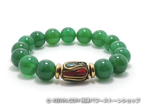 乐天商城 - エスニックブレスレット・アジアンパワーストーン チベットハンドメードビーズ(6面カット)角柱14ミリ グリーンカルセドニーAAAA10ミリ チベット合金真鍮8ミリ 金運・対人関係・魔除・厄除 [サイズ選べる][日本製][送料無料] (11408)