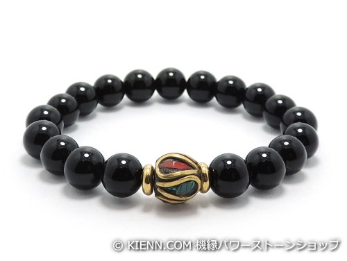 エスニックブレスレット・アジアンパワーストーン チベットハンドメードビーズ(6面カット)10ミリ オニキスAAAAA最高品質(8月誕生日石)8..