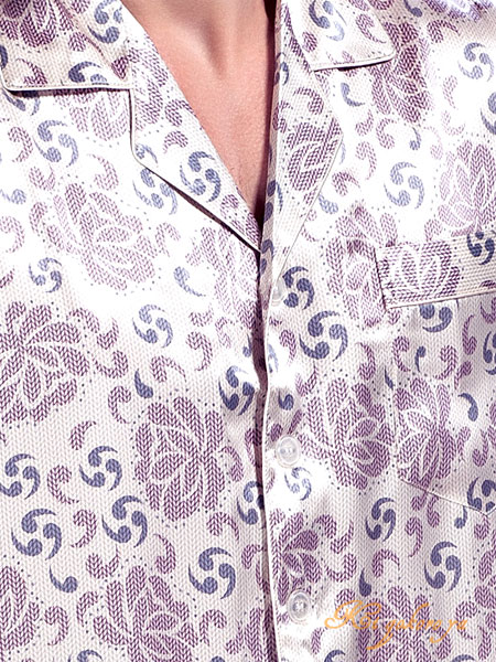 16.5匁シルク100％パジャマ　メンズ　半袖　 巴紋と花柄　紫色　絹100%　紳士 パープル父の日 敬老の日　プレゼント　ギフトあす楽対応