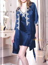 【 M / L 】 シルク 100% レディース ガウン & スリップのセット 【 無地 & 白 刺繍 】 ( 紺色 ) 五分袖 絹100% 【 送料無料 】 ...