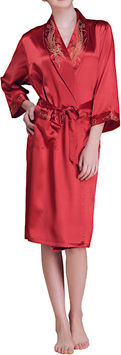 【M/L】【アウトレット】22 匁 シルク 100% ガウン 【 鳳凰 刺繍 】 赤色レッド 絹100% レディース 【 送料無料 】 あす楽対応 【 RCP ...