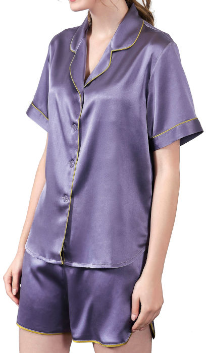 【M】シルク パジャマ レディース 19匁シルク100% 半袖 夏用 & 半ズボン ( 青紫色 ) 【 無地 】 パープル 絹100% 【 送料無料 】 母の日...