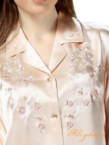 【M・L 】【アウトレット】 パジャマ レディース シルク 100% 16.5 匁 長袖 冬用 サーモンピンク 【 無地 & 花 刺繍 】 絹100% サテン ...